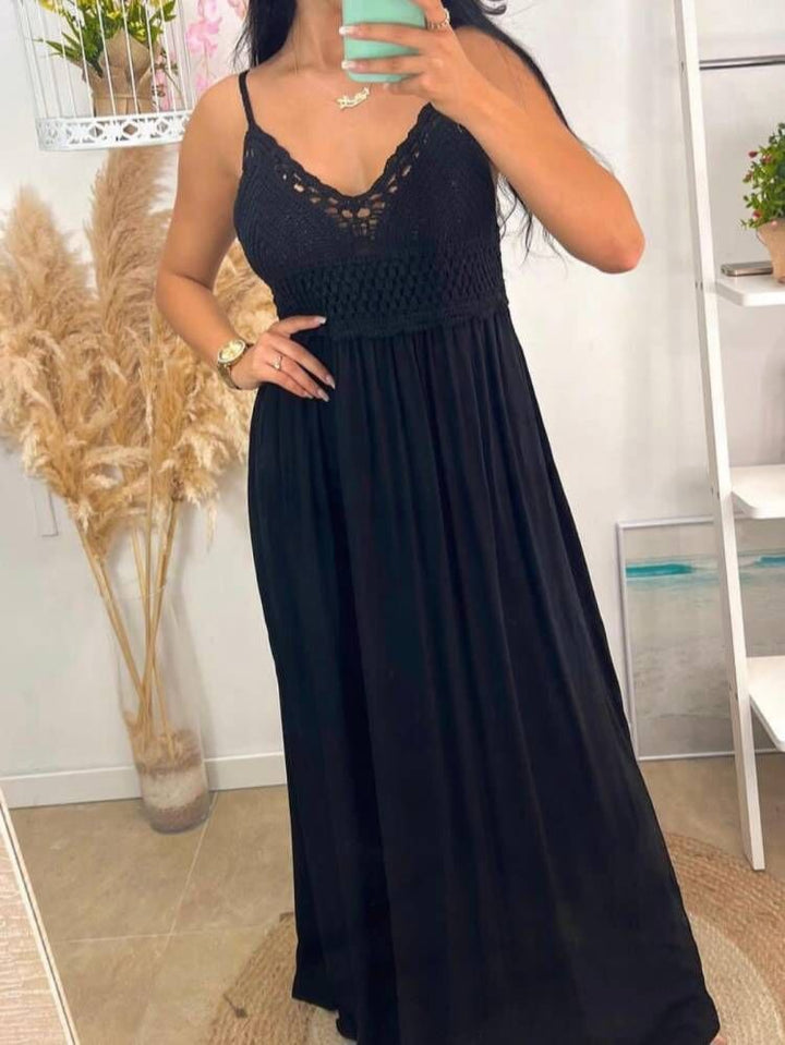 Abito in leggero tessuto strutturato con macramè vari colori - Nero - Level Stores