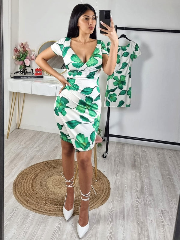 Abito in lycra con fantasia floreale - Verde - Level Stores