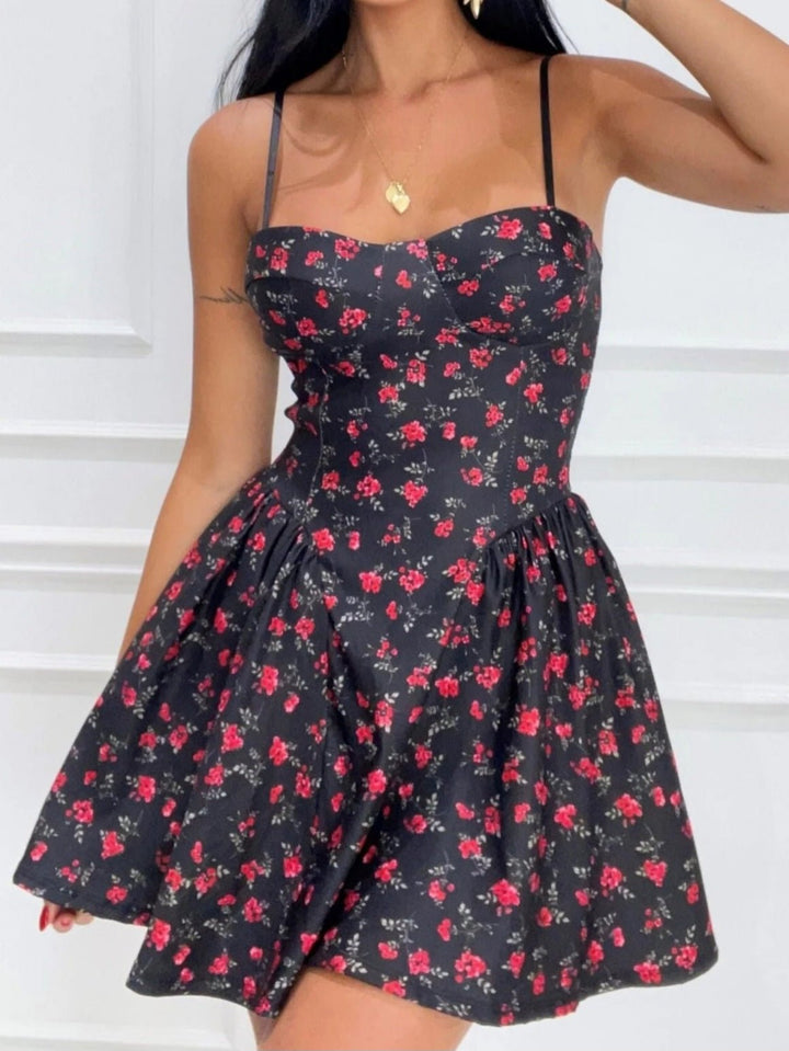 Abito in tessuto strutturato con fantasia floreale - Nero/Rosso - Level Stores