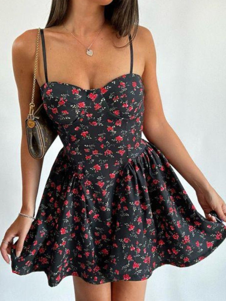 Abito in tessuto strutturato con fantasia floreale - Nero/Rosso - Level Stores