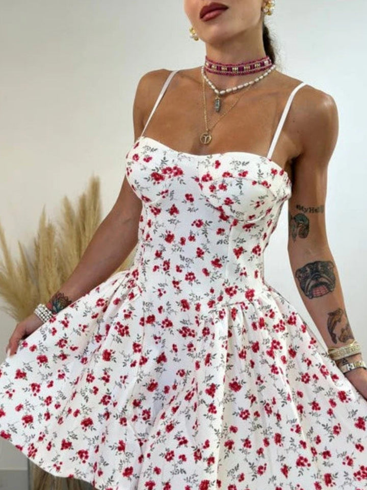 Abito in tessuto strutturato con fantasia floreale - Bianco/Rosso - Level Stores