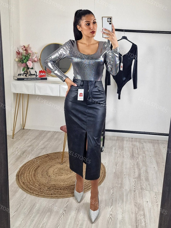 Body Donna Lucido Scollo Tondo Elegante Sexy Aderente - Argento - Level Stores