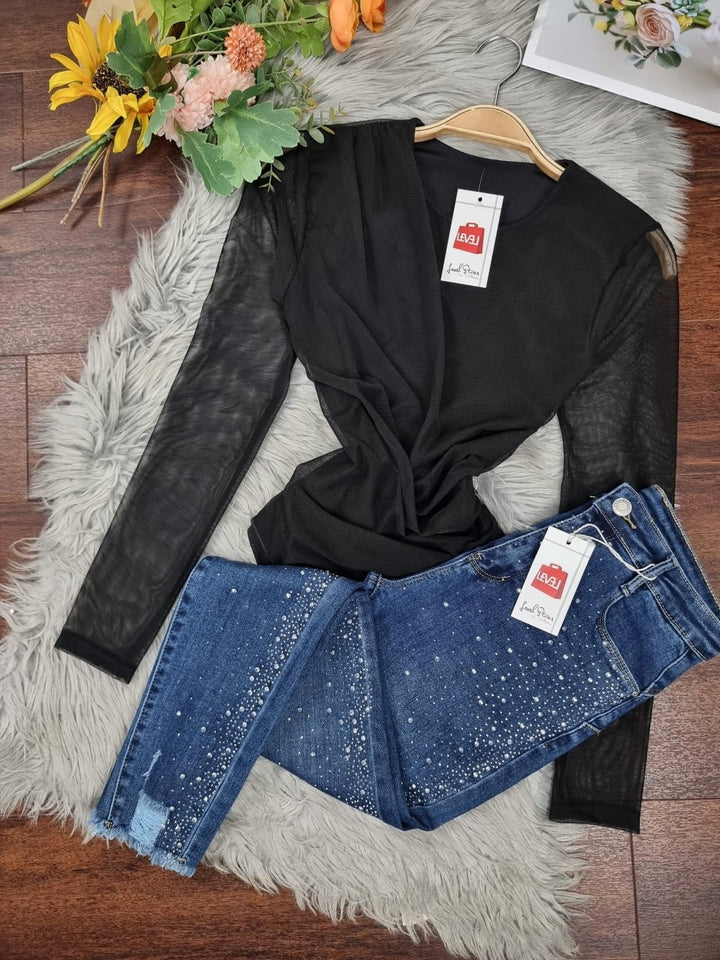 Body Donna Manica lungo Velato Aderente Sexy Casual Elegante - Nero - Level Stores