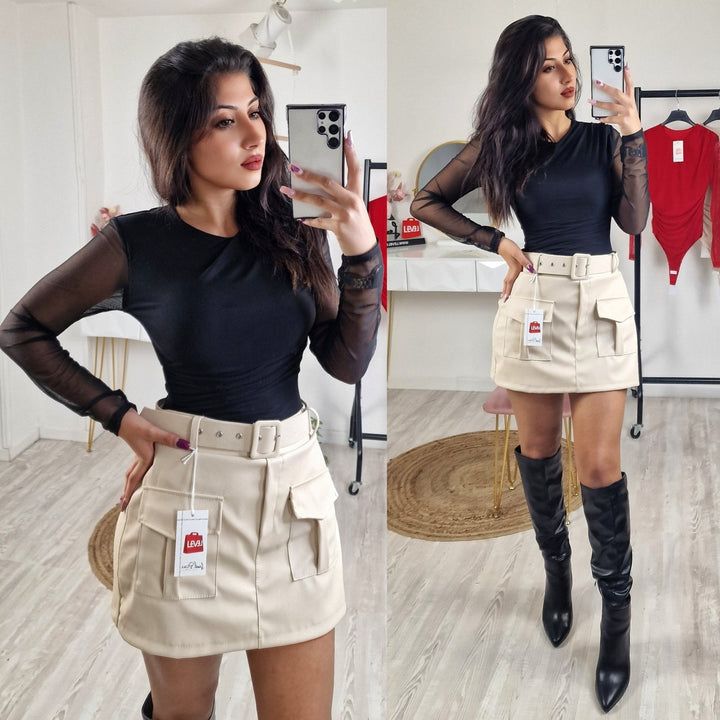 Body Donna Manica lungo Velato Aderente Sexy Casual Elegante - Rosso - Level Stores