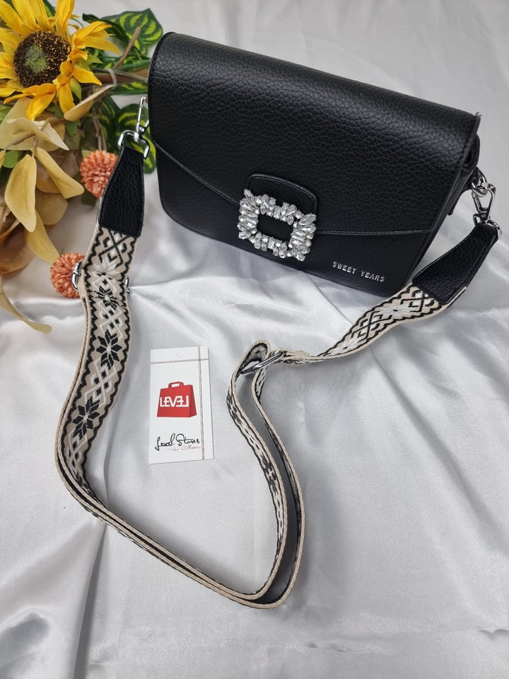 Borsa A Tracolla Singola Da Donna, Borsa Quadrata Piccola Nero Con Chiusura Con Strass - Nero - Level Stores