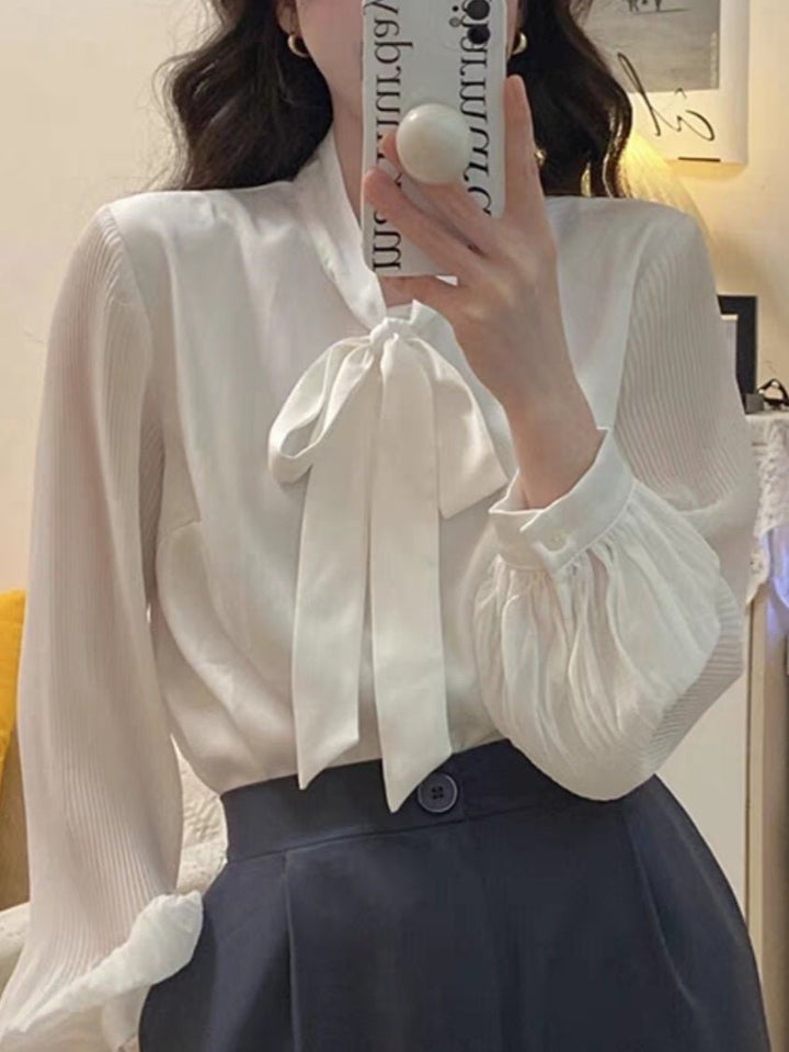 Camicia in raso scollo con fiocco - Bianco - Level Stores