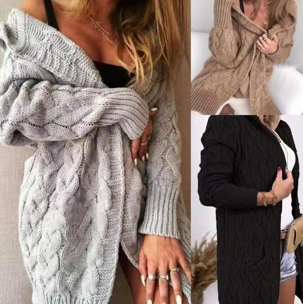 Cardigan con motivo a intreccio e cappuccio Casual - Nero - Level Stores