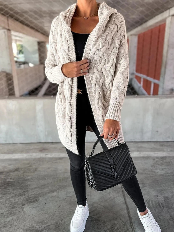 Cardigan con motivo a intreccio e cappuccio Casual - Beige - Level Stores