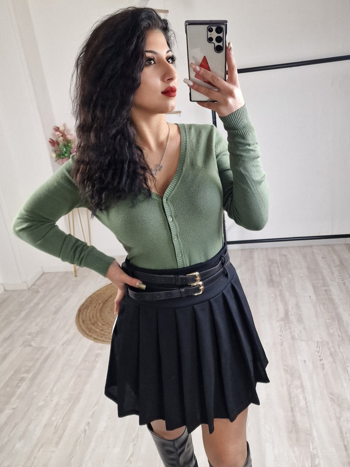 Cardigan di maglione morbido tinta unita Monocolore Casual - Verde militare - Level Stores