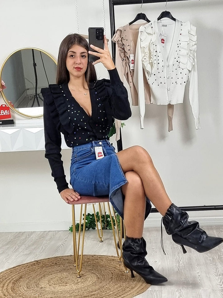 Cardigan in maglia con applicazione di strass Monocolore Elegante Casual - Azzurro - Level Stores
