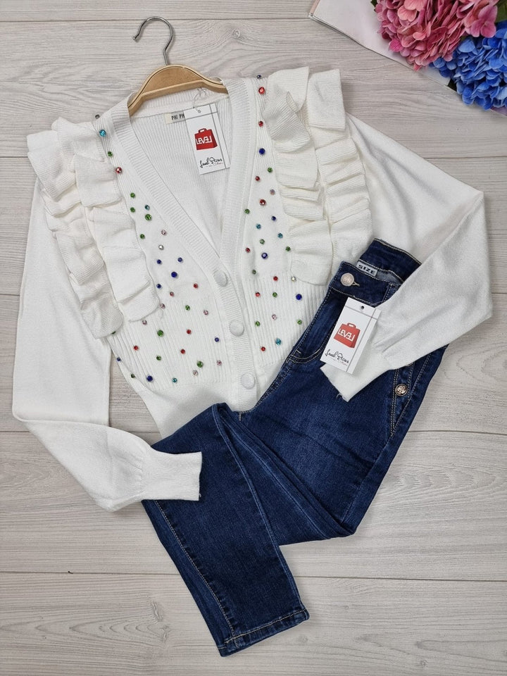 Cardigan in maglia con applicazione di strass Monocolore Elegante Casual - Bianco - Level Stores