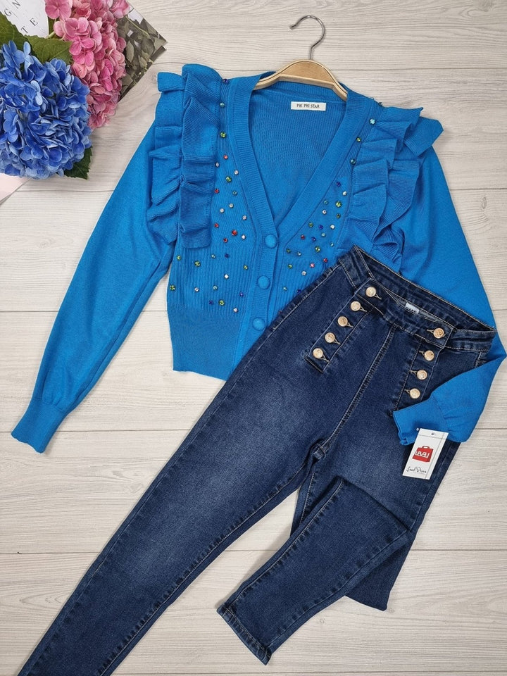 Cardigan in maglia con applicazione di strass Monocolore Elegante Casual - Azzurro - Level Stores