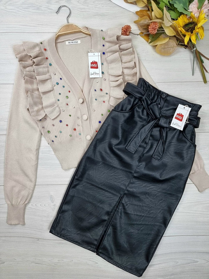 Cardigan in maglia con applicazione di strass Monocolore Elegante Casual - Nero - Level Stores