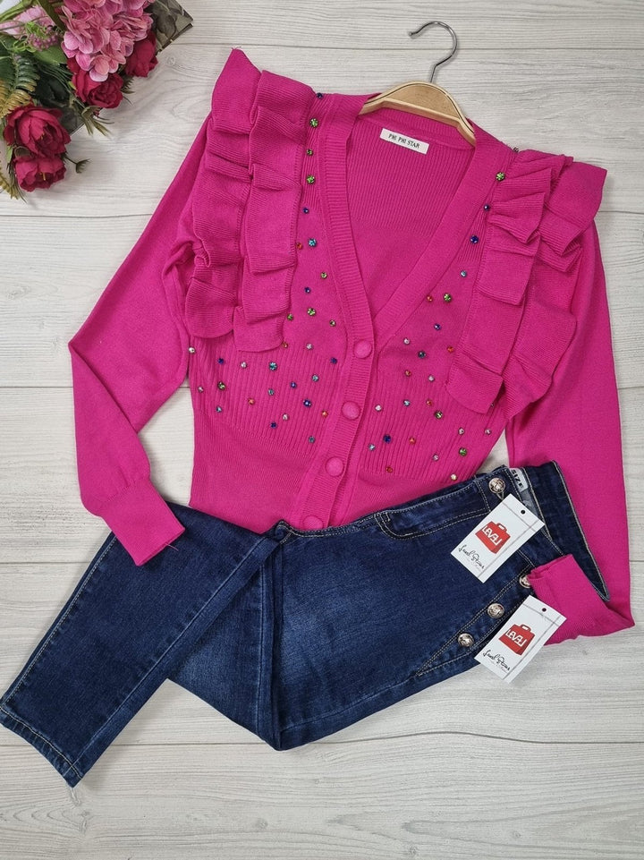 Cardigan in maglia con applicazione di strass Monocolore Elegante Casual - Fucsia - Level Stores