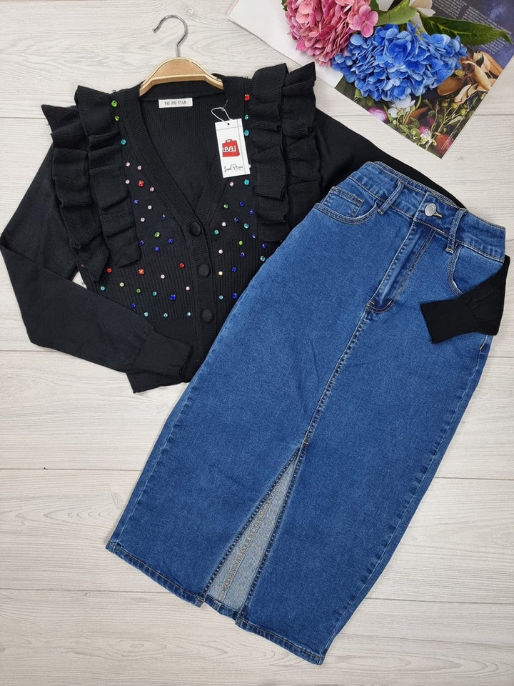 Cardigan in maglia con applicazione di strass Monocolore Elegante Casual - Nero - Level Stores