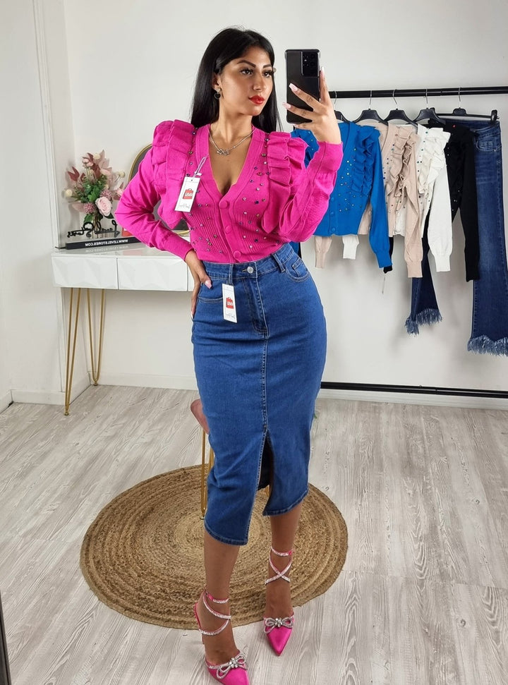Cardigan in maglia con applicazione di strass Monocolore Elegante Casual - Fucsia - Level Stores
