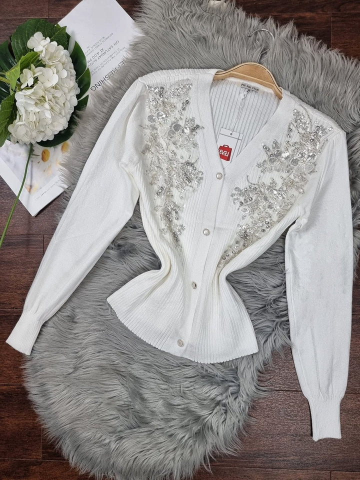 Cardigan in maglia con applicazione di strass Paillettes aderente Monocolore Elegante Casual - Bianco - Level Stores