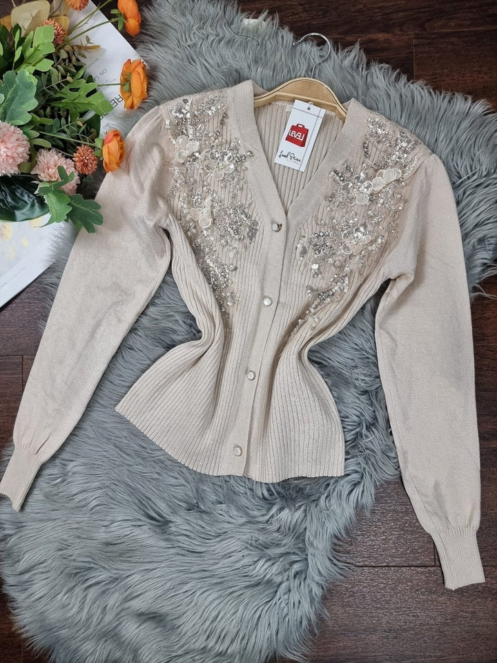 Cardigan in maglia con applicazione di strass Paillettes aderente Monocolore Elegante Casual - Beige - Level Stores