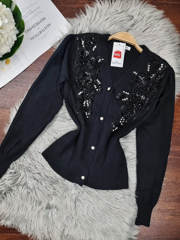 Cardigan in maglia con applicazione di strass Paillettes aderente Monocolore Elegante Casual - Nero - Level Stores