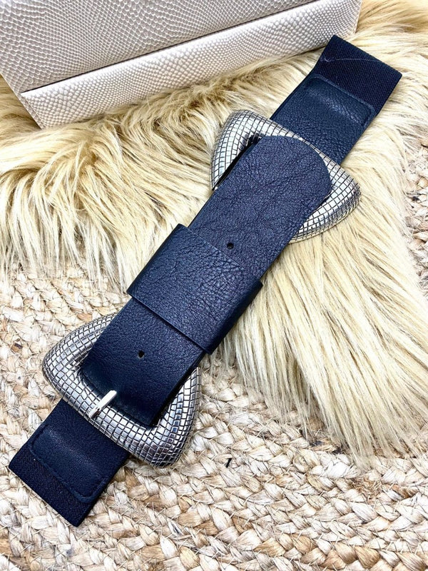 Cintura con fascia elastica e doppia fibbia metallica. - Nero/Argento - Level Stores