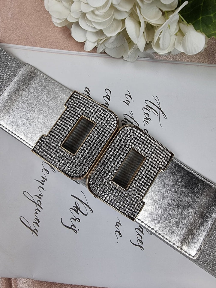 Cintura con fascia elastica e fibbia con applicazione metallica - Argento - Level Stores