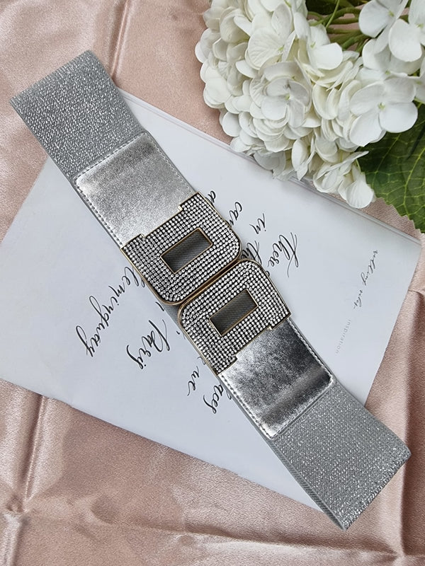 Cintura con fascia elastica e fibbia con applicazione metallica - Argento - Level Stores