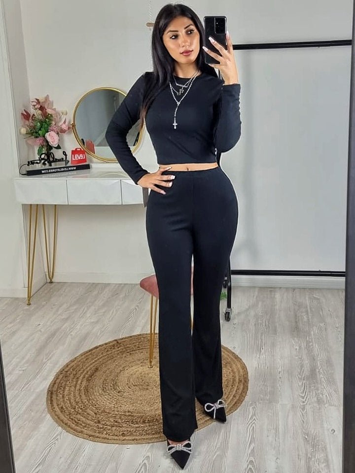 Completo maglia - pantalone a costine Manica lunga aderente Casual Party - Nero - Level Stores