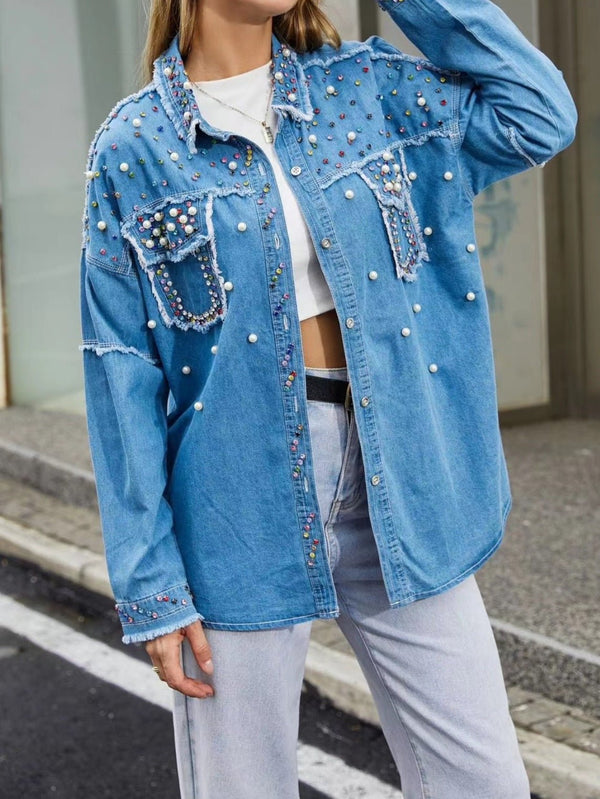 Giacca in jeans con perle sintetiche - Jeans blue - Level Stores