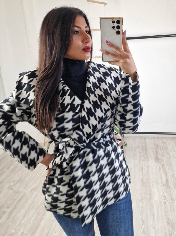 Giacca in panno Donna Fantasia Fantasia Doppio Petto Mantella Cinturino - Nero - Level Stores