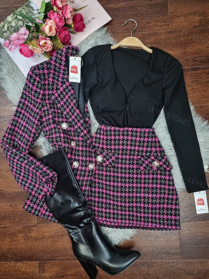 Giacca in tweed multicolor con spalline interne imbottite Bottoni Tasche Casual Elegante - Fucsia - Level Stores