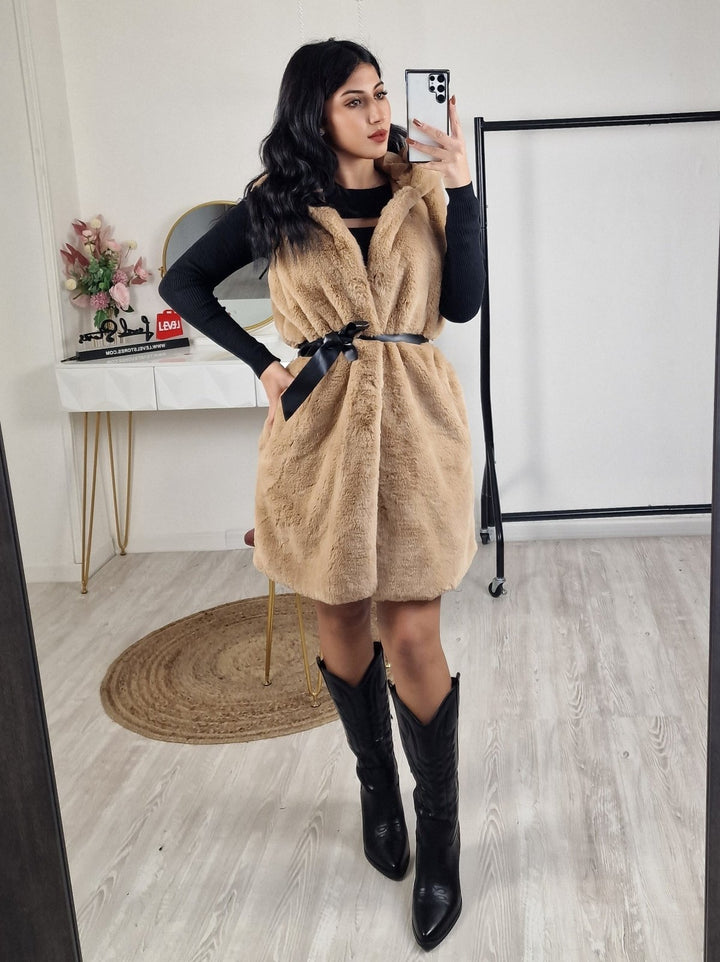 Gilet in pelliccia Cintura Cappuccio Tasche Morbido Caldo Casual Elegante - Nero - Level Stores