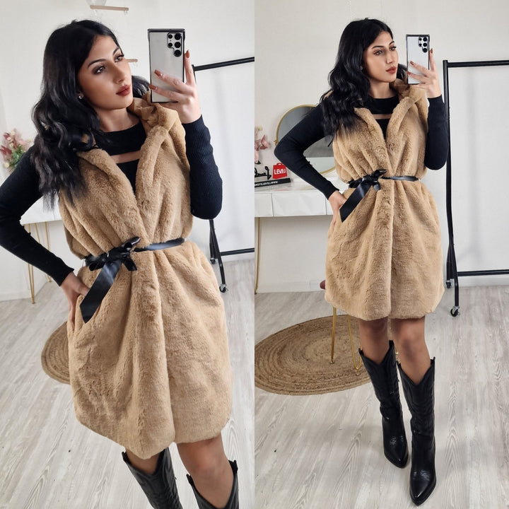 Gilet in pelliccia Cintura Cappuccio Tasche Morbido Caldo Casual Elegante - Nero - Level Stores