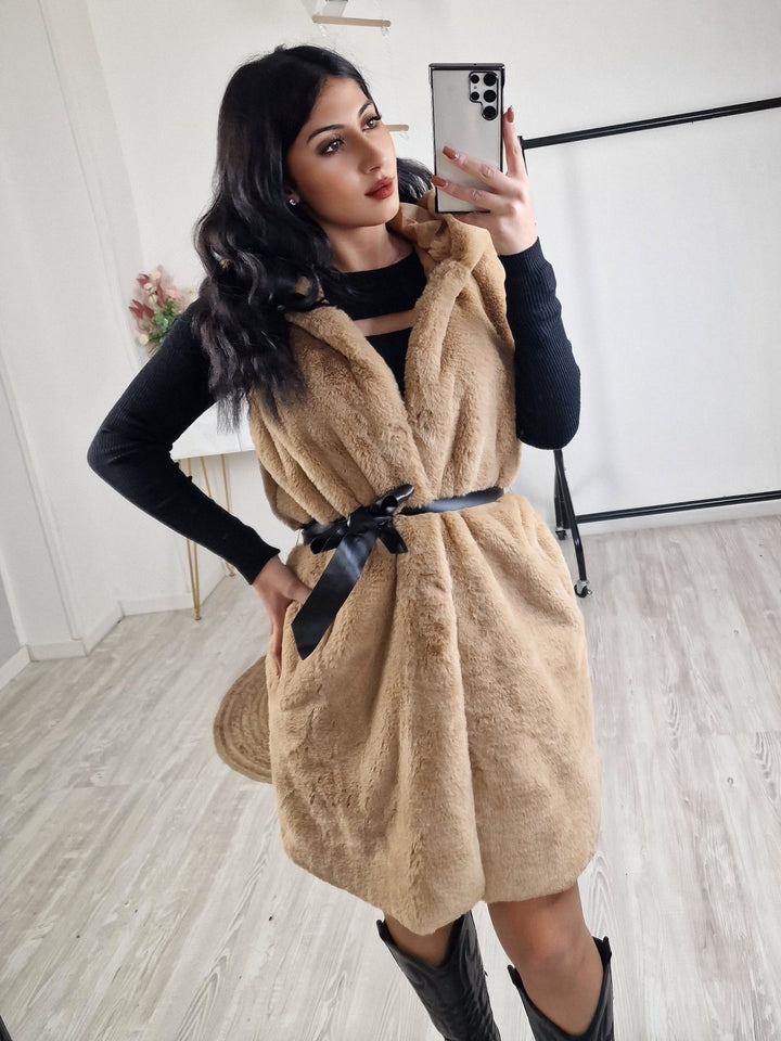 Gilet in pelliccia Cintura Cappuccio Tasche Morbido Caldo Casual Elegante - Nero - Level Stores