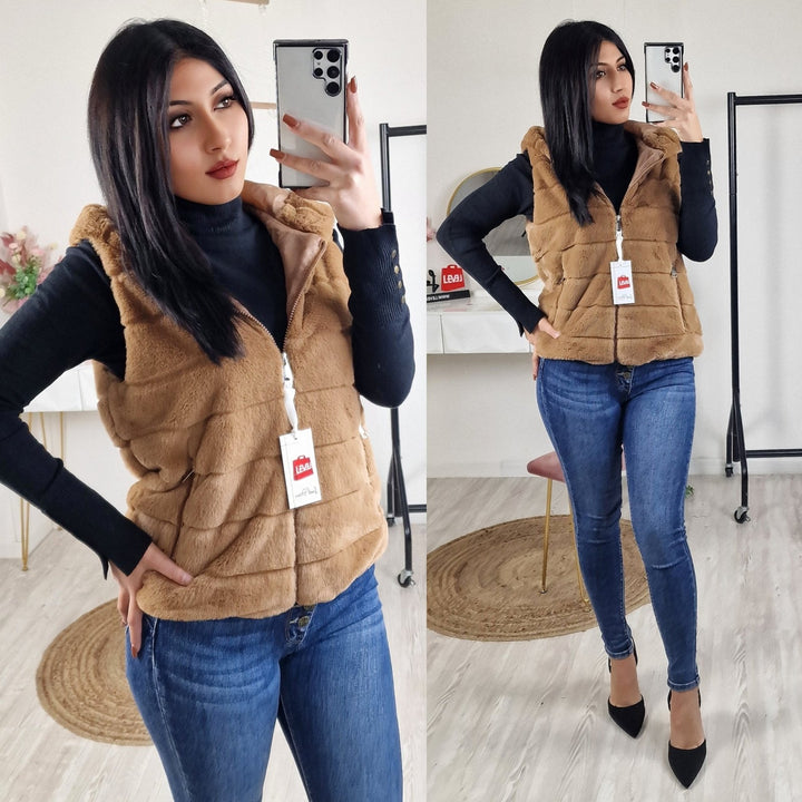 Gilet in pelliccia sintetica Cerniera Cappuccio Morbido Caldo - Camel - Level Stores