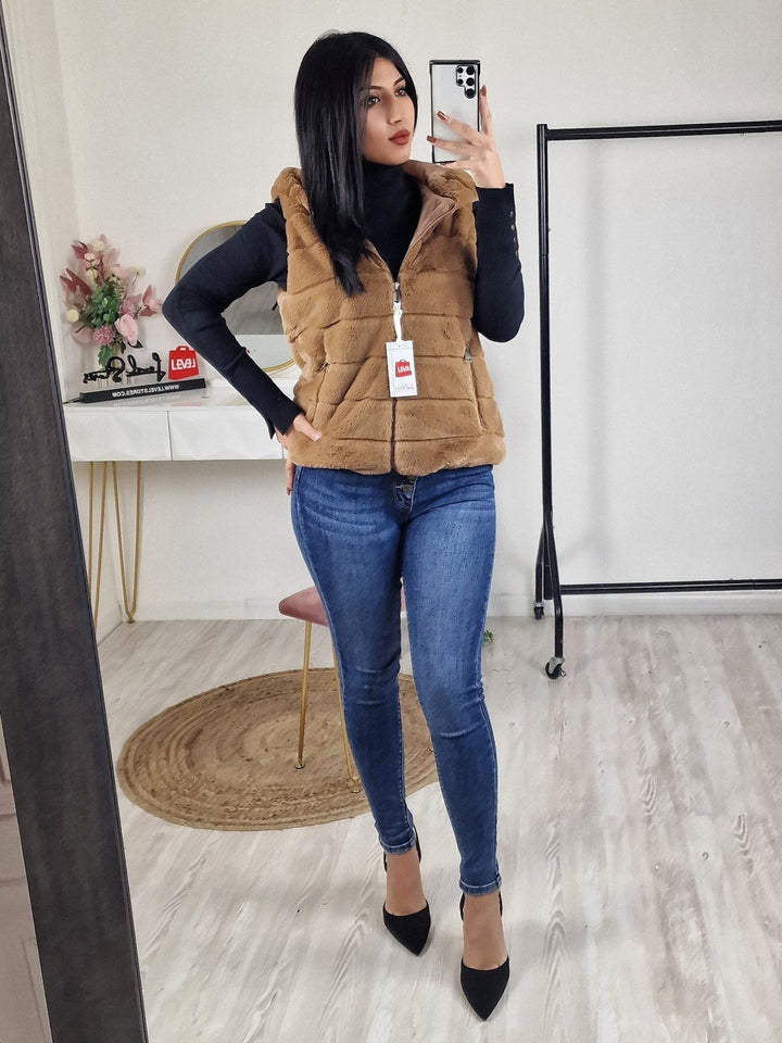 Gilet in pelliccia sintetica Cerniera Cappuccio Morbido Caldo - Nero - Level Stores