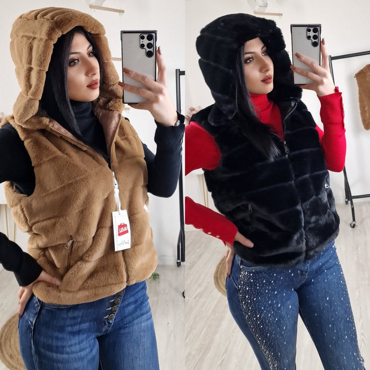 Gilet in pelliccia sintetica Cerniera Cappuccio Morbido Caldo - Nero - Level Stores