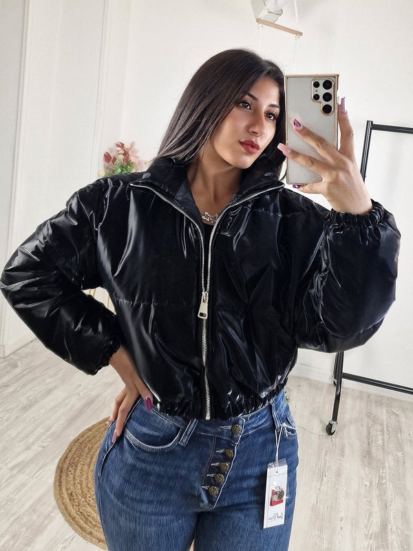 Giubbotto bomber effetto lucido chiusura con zip - Nero - Level Stores