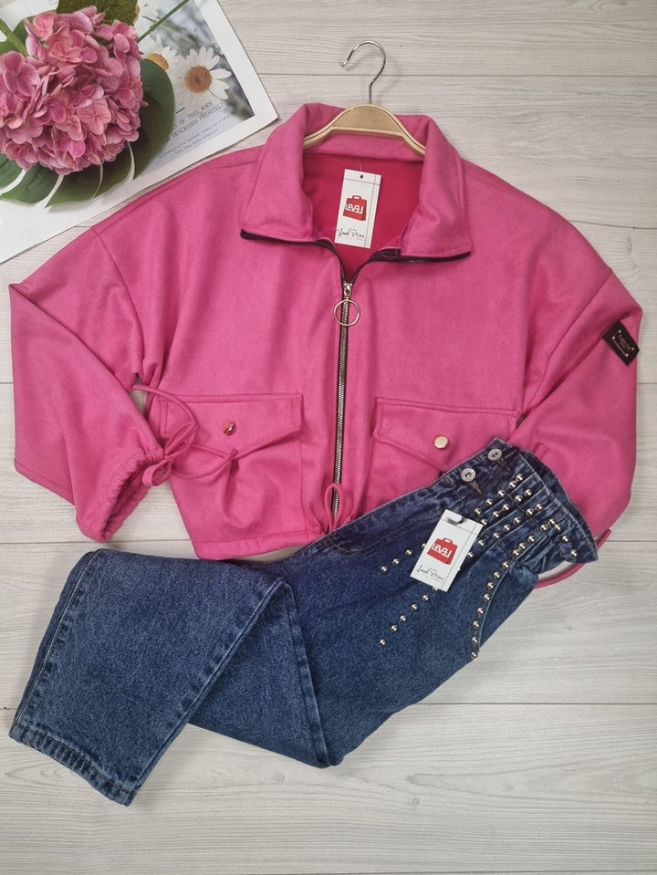 Giubbotto in dainetto con cerniera e tasche - Fucsia - Level Stores