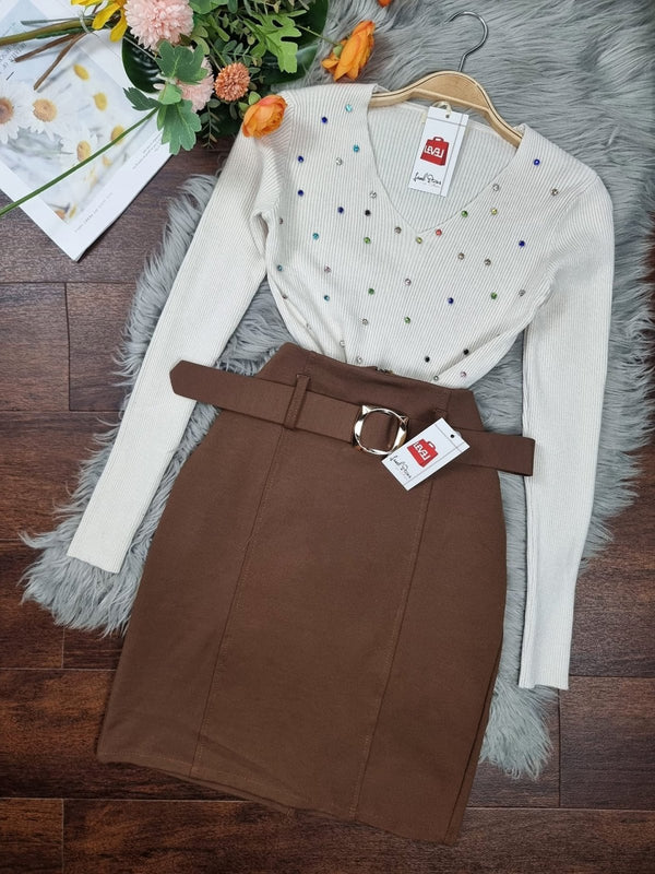 Gonna in tessuto con cerniera posteriore e cintura inclusa - Nero - Level Stores