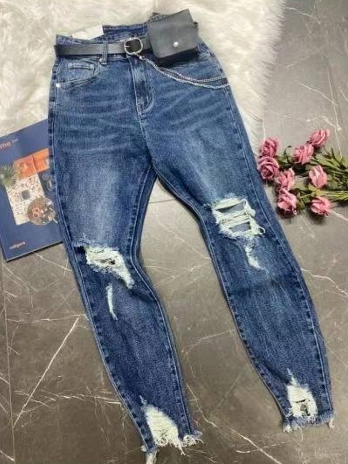 Jeans con strappi inclusa la cintura - Jeans scuro - Level Stores
