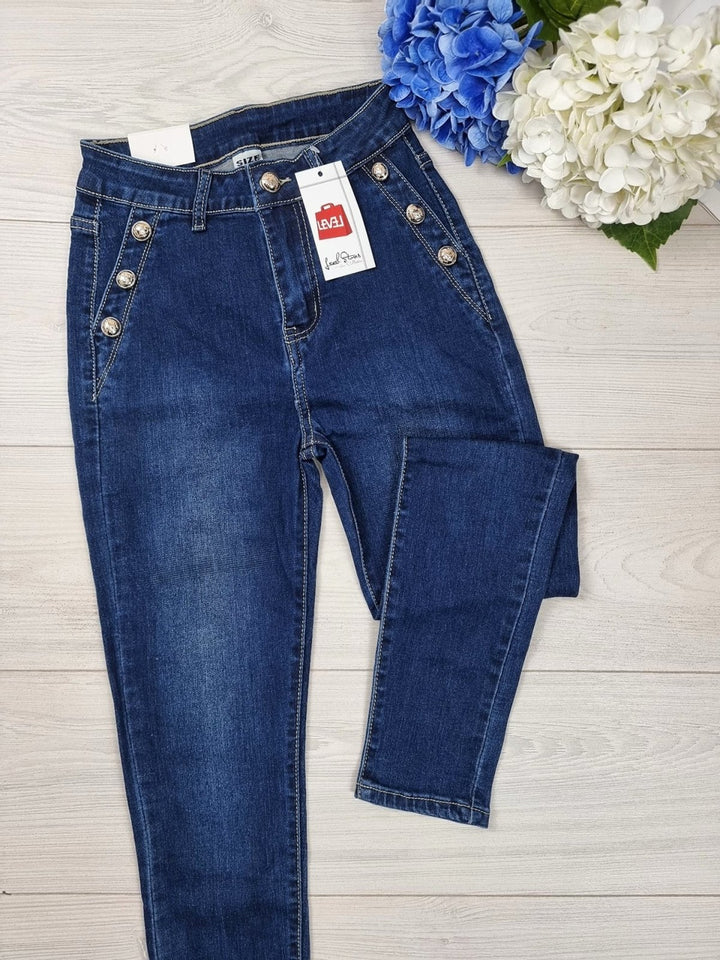 Jeans modello skinny con applicazione di bottoni. - Jeans scuro - Level Stores