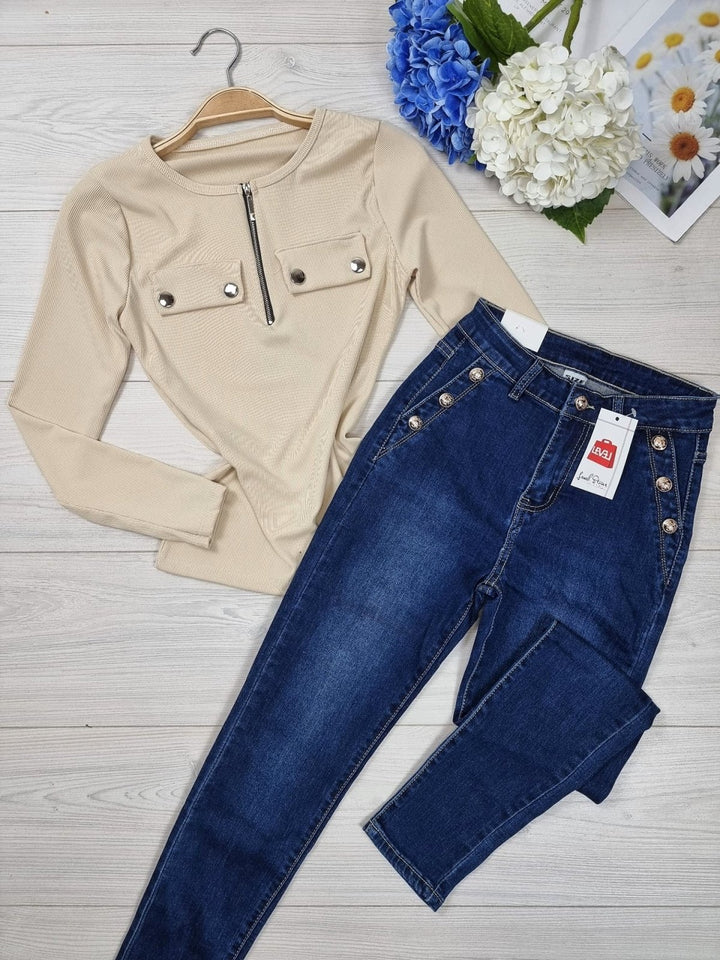 Jeans modello skinny con applicazione di bottoni. - Jeans scuro - Level Stores