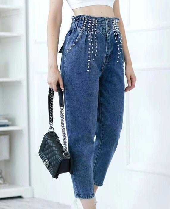 Jeans vita alta con elastico in vita ondulato - Jeans scuro - Level Stores