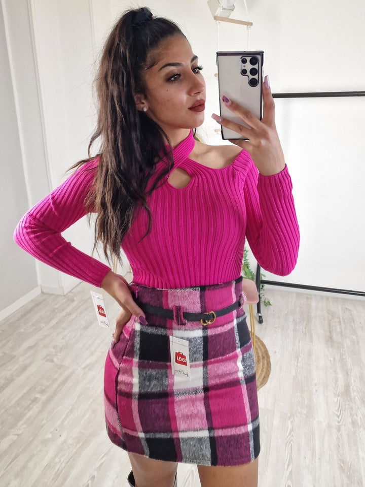 Maglia a costine con scollo a V ad incrocio Casual - Fucsia - Level Stores