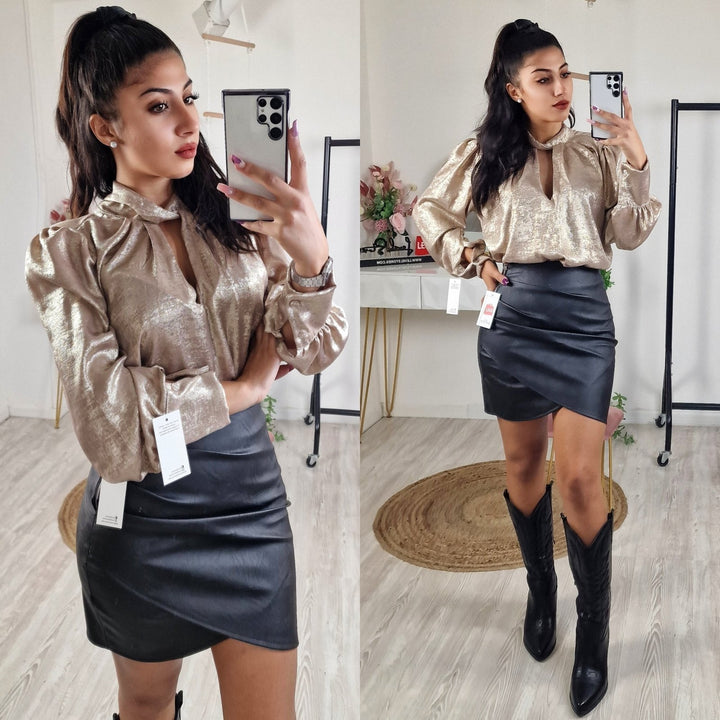 Maglia effetto metallizzato fiocco al collo sul retro con polsini - Argento - Level Stores