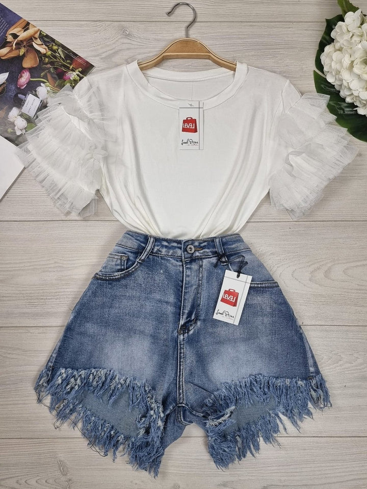 Maglia in tinta unita maniche con tulle - Bianco - Level Stores