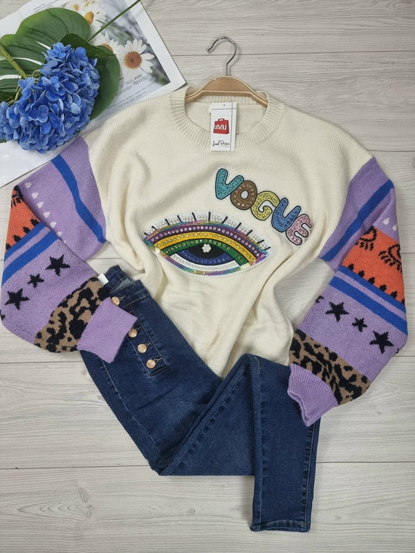 Maglione e manica lunga con applicazione di strass - Nero - Level Stores