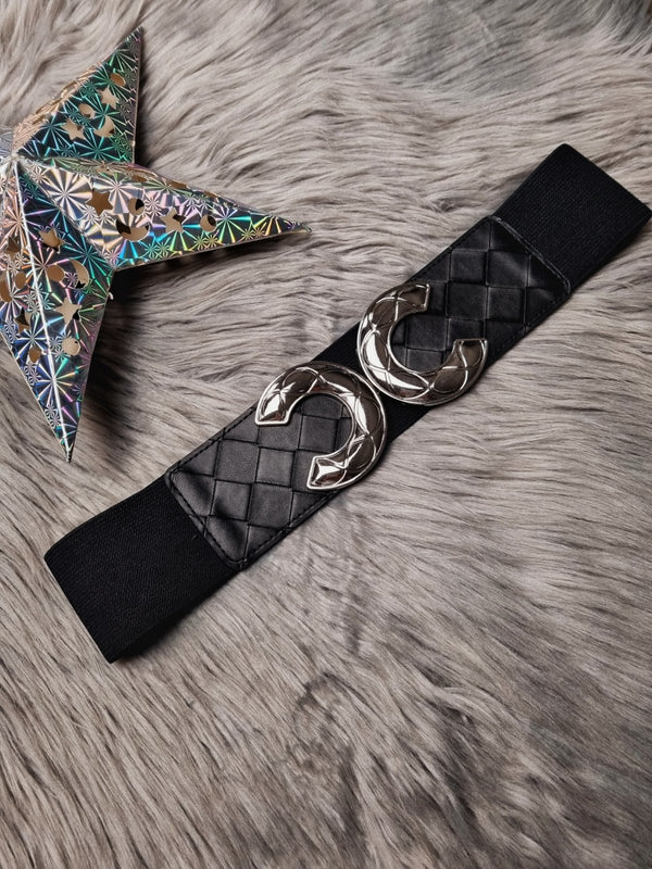 Cintura in ecopelle con fibbia metallica quadrata e fascia elastica. - Nero/Argento - Level Stores