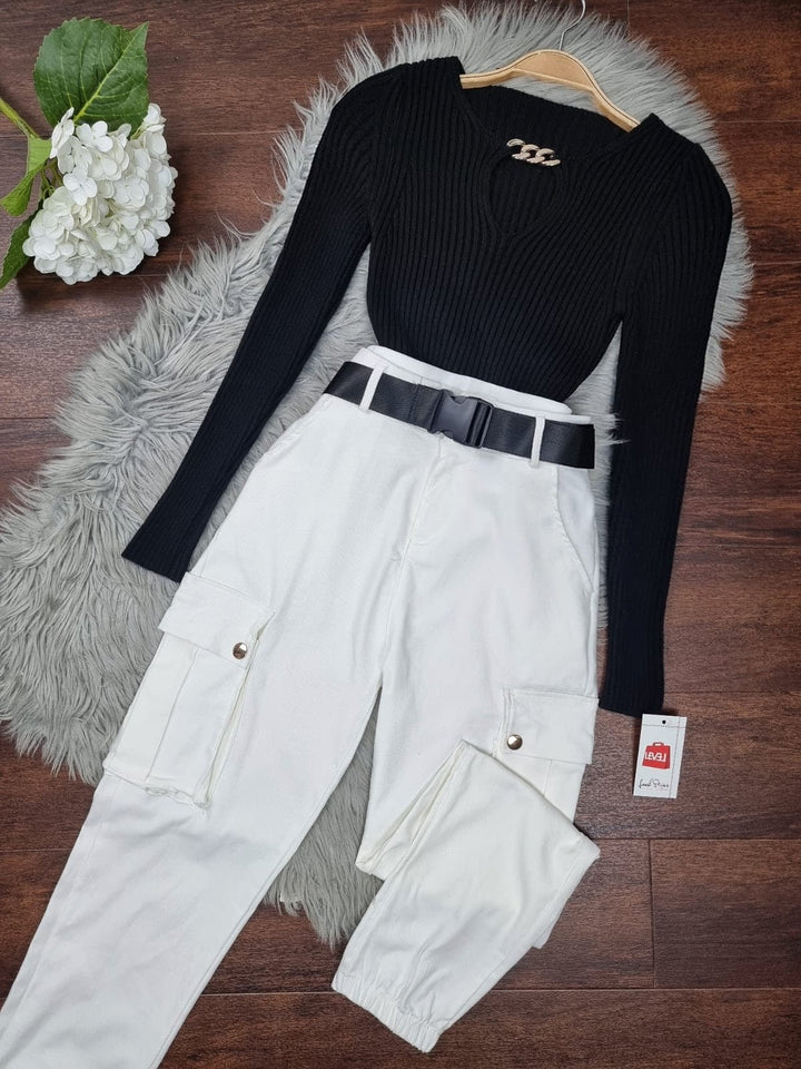 Pantalone cargo Tasche Casual inclusa la cintura - Bianco - Level Stores