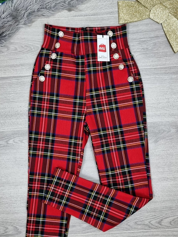 Pantalone con stampa scozzese Modello skinny a vita alta Bottoni Cerniera - Nero - Level Stores